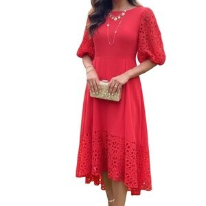 A376  Aomei Romantic Classic   Red Hi-Lo Lace Midi Dress Puff Sleeve  NWT Size L